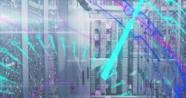 Image of scope scanning and data processing over computer servers in background. Digital interface global connection and communication concept digitally generated image.