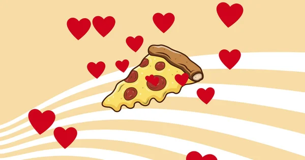 Multiple red heart and pizza slice icons against white stripes on pink background. national pizza day awareness concept