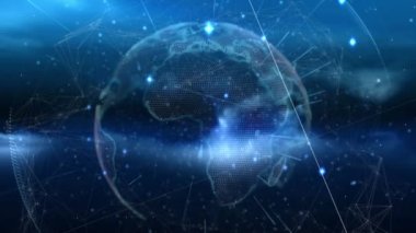Animation of network of connections and light trails over spinning globe against blue background. Global networking and business technology concept