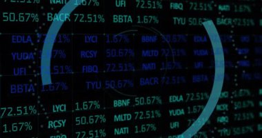 Animation of scope scanning with wall icon over stock market on black background. Global technology, online security and digital interface concept digitally generated video.