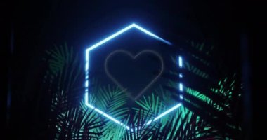 Animation of heart icon over neon shape and leaves on black background. Social media and digital interface concept digitally generated video.