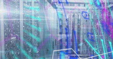 Image of scope scanning and data processing over computer servers in background. Digital interface global connection and communication concept digitally generated image.