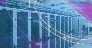 Image of scope scanning and data processing with computer servers in background. Digital interface global connection and communication concept digitally generated image.