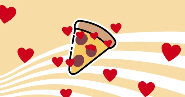 Multiple red heart and pizza slice icons against white stripes on pink background. national pizza day awareness concept