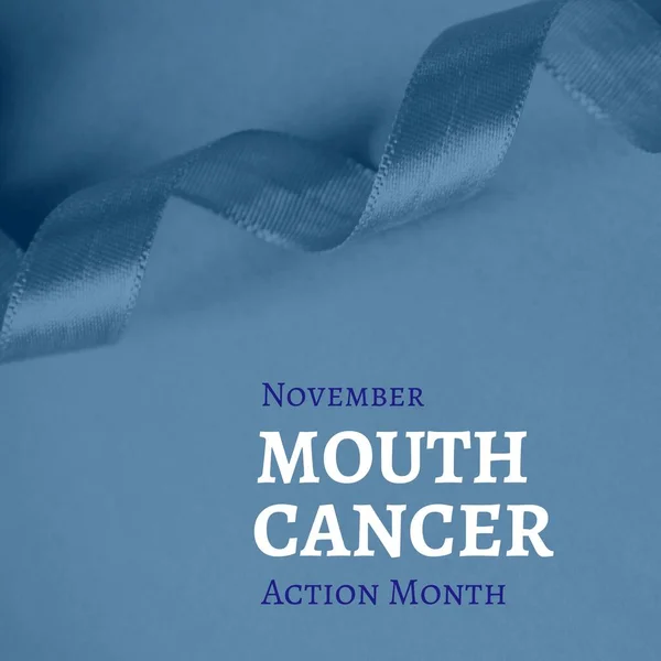 Digital composite image of blue ribbon with november mouth cancer action month text, copy space. Oral health, healthcare, raise awareness, early detection and prevention.