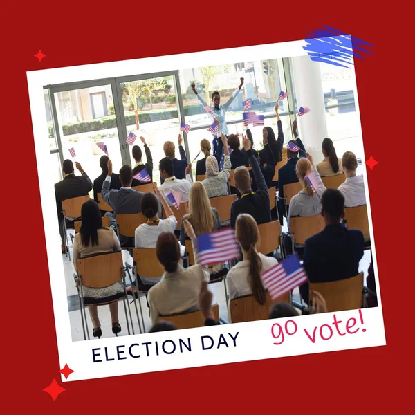 Rear view of multiracial citizens waving flag of america with election day text in red frame. Copy space, digital composite, exercising civic duty, voting, law, holiday, democratic right.