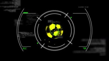 Animation of scope scanning with digital football over data processing on black background. Global sport, technology and digital interface concept digitally generated video.