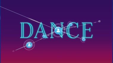 Animation of profile and message icons connecting with lines over dance text on violet background. Digitally generated, multiple exposure, telecommunication, art and technology concept.