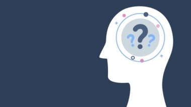 Animation of head with question marks and speech bubble on black background. Global education and digital interface concept digitally generated video.