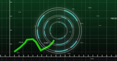 Animation of scope and financial data processing over grid. Global business, finance, digital interface and data processing concept digitally generated video.