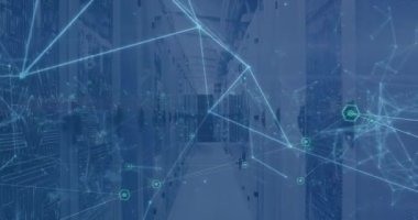 Animation of moving shapes over server room. Global business and digital interface concept digitally generated video.