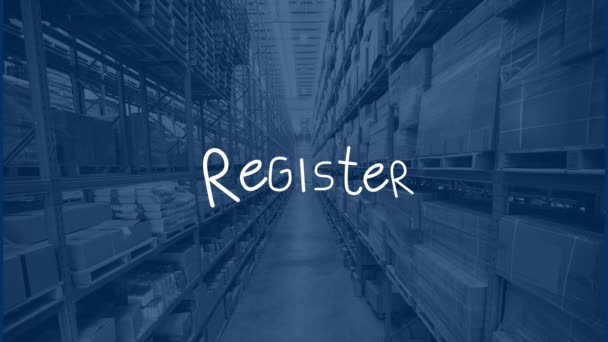 Animation Register Text Warehouse Global Social Media Shipping Retail Digital — Stockvideo