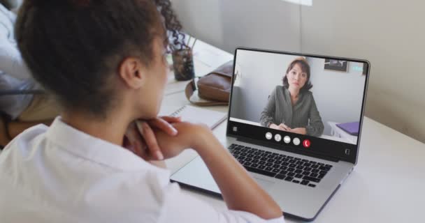 Animation Biracial Woman Having Video Call Laptop Business Communication Working — Video