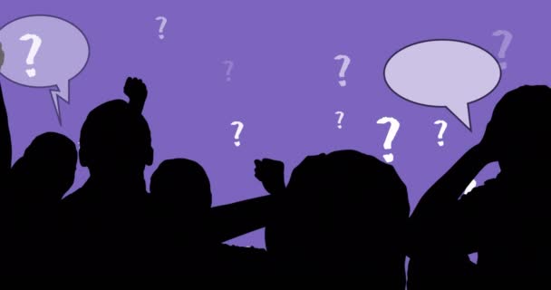 Animation People Silhouettes Speech Bubbles Question Marks Purple Background Global — Vídeos de Stock