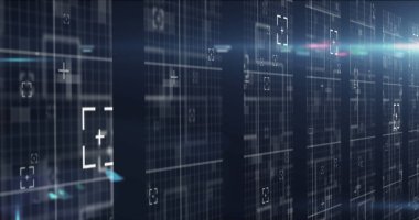 Image of data processing over tech room with computer servers. global technology data processing concept digitally generated image.