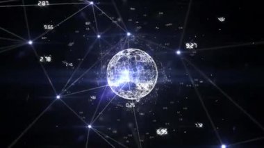 Animation of glowing network of connections over spinning globe against black background. Global networking and business technology concept