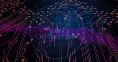 Animation of computer circuit board over scope scanning and dna strand on black background. Global technology, computing and digital interface concept digitally generated video.