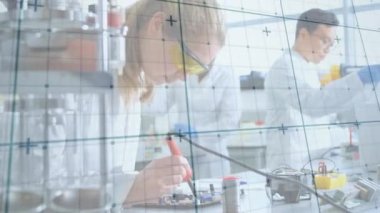 Çeşitli kadın ve erkek laboratuvar çalışanları üzerinde numunelerle dijital ekran animasyonu. Sağlık, tıp, laboratuvar, bağlantılar ve teknoloji konsepti dijital olarak oluşturulmuş video.