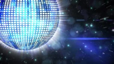 Animation of blue shiny disco ball rotating at club during party. Digital composite, nightclub, celebration, fun, decoration, entertainment, nightlife, shape, reflection, light.