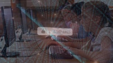 Animation of connecting dots, binary code, likes counter over multiracial students using computers. Digital composite, multiple exposure, school, social media, education, learning, technology concept.