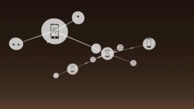 Siyah arkaplan üzerindeki simgelerle bağlantı ağının animasyonu. küresel iş ve dijital arayüz kavramı dijital olarak oluşturulmuş video.