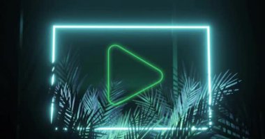 Animation of play icon over neon shape and leaves on black background. Social media and digital interface concept digitally generated video.