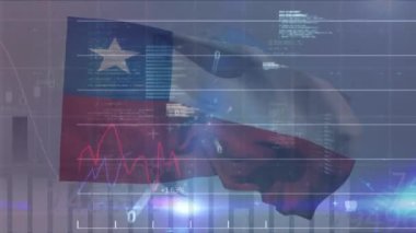 Animation of financial data processing and binary coding over flag of chile. Global finance, business and data processing concept digitally generated video.
