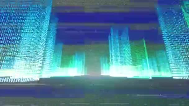 Animation Vhs Glitch Effect City Model Grey Background Computer Interface — Video Stock