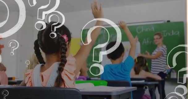 Animation Question Marks Diverse Schoolchildren Raising Hands Global Education Digital — Vídeo de stock