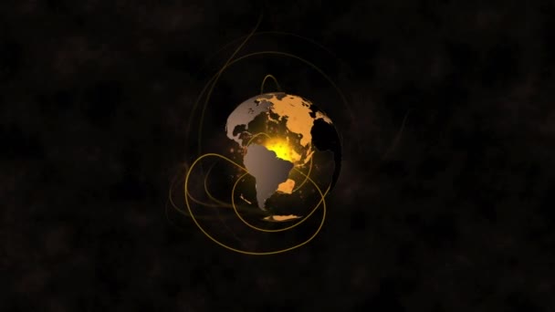 Animation Golden Light Trails Spinning Globe Black Background Global Networking — Vídeo de Stock