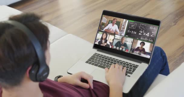 Animation Asian Boy Headphones Having Online Lessons Laptop Home Homeschooling — Stock video