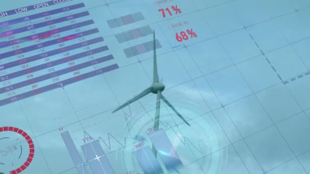 Animation Digital Infographic Interface Low Angle View Rotating Windmill Clear — Vídeo de Stock