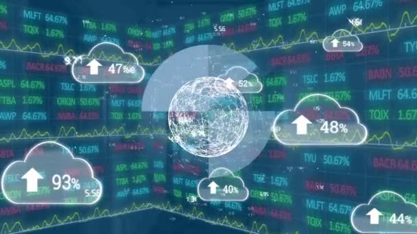 Animation Globe Rotating Pie Chart Clouds Arrow 100 Percentage Trading — Vídeo de Stock