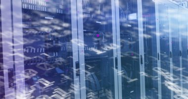 Image of binary coding numbers changing over tech room with computer servers. global technology data processing concept digitally generated image.