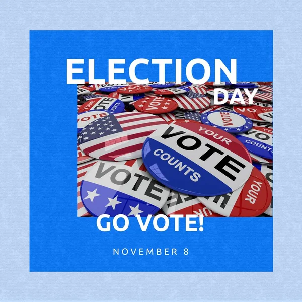 Your vote counts badges with election day and go vote text in blue frame, copy space. Vector, illustration, exercising civic duty, voting, law, holiday, democratic right.