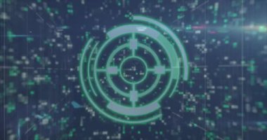 Animation of scope scanning and icons over moving columns. Global technology, online security and digital interface concept digitally generated video.
