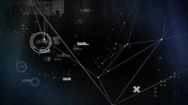 Animation of network of connections and data processing against black background. Global networking and business technology concept