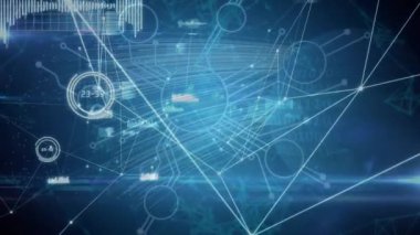 Animation of networks of communication processing data with blue lights on dark background. Global communication, business, digital interface and data sharing concept digitally generated video.