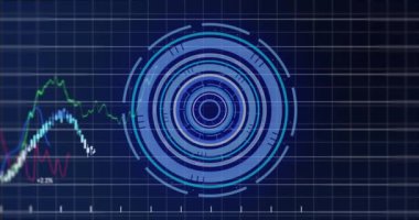 Animation of scope and financial data processing over grid. Global business, finance, digital interface and data processing concept digitally generated video.