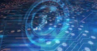 Animation of nft text, data processing and scope with computer circuit board. Global online security, computing and data processing concept digitally generated video.