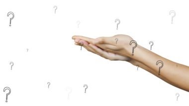 Animation of question marks over hands holding digital brain on white background. Global education and digital interface concept digitally generated video.