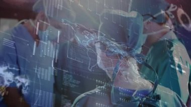 Ameliyat sırasında Kafkas cerrahları üzerinde veri işleme animasyonu. Küresel tıp ve dijital arayüz kavramı dijital olarak oluşturulmuş video.