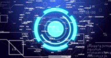 Animation of scope scanning and network of connections over data processing. Global technology, online security and digital interface concept digitally generated video.