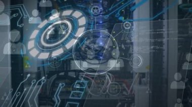 Animation of data processing and scope with circuit board over computer server. Global computing, connections, networks and data processing concept digitally generated video.