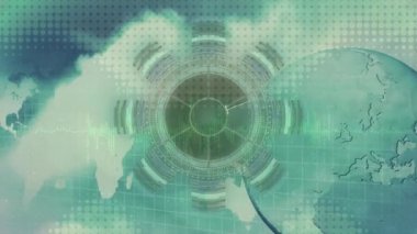 Animation of scope scanning over world map and globe. Global technology, computing and digital interface concept digitally generated video.