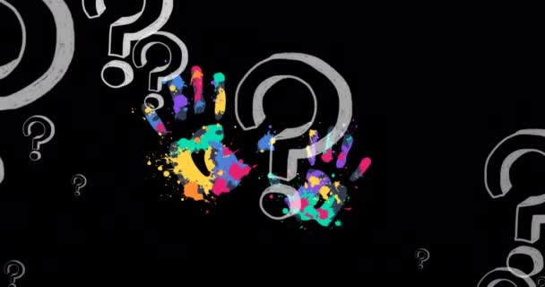 Animation Question Marks Handprints Black Background Global Education Digital Interface — Stockvideo