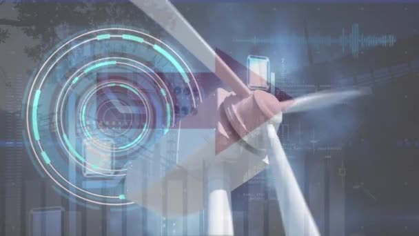 Animation Scope Scanning Data Processing Wind Turbine Cityscape Global Technology — Stockvideo