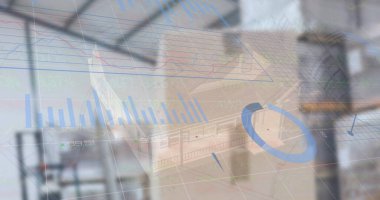 Depodaki paketlerin üzerinden finansal veri ve grafiklerin resmi. ticaret, dağıtım hizmetleri, ekonomi ve teknoloji dijital olarak üretilen imaj.