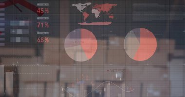 Depodaki paketlerin üzerinden finansal veri ve grafiklerin resmi. ticaret, dağıtım hizmetleri, ekonomi ve teknoloji dijital olarak üretilen imaj.