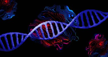Image of dna strand over black background. global science and digital interface concept digitally generated image.